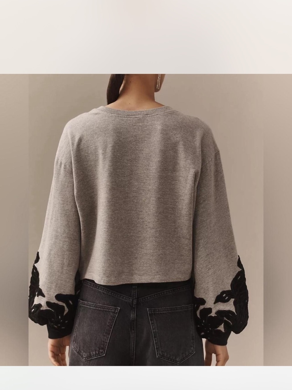 Anthropologie Gray Sweatshirt with Black Velvet Floral Appliqué - Picture 2 of 15